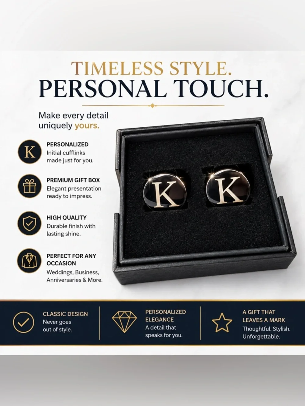 LOLIAS 1 Pair Silver Initial K Silver Cuff Links with Gift Box for Men